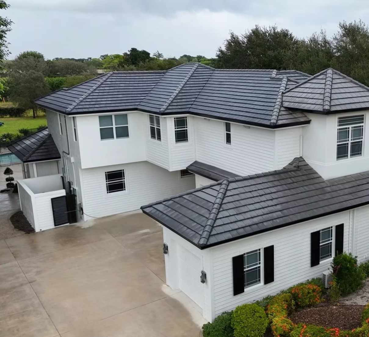 Aerial view of a completed solar roof installation