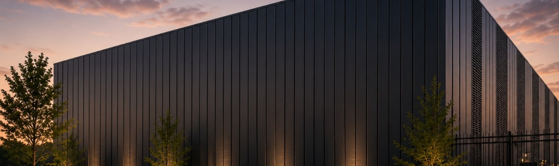 Voltaic Tycoon solar cladding system installed on a data center facade at dusk